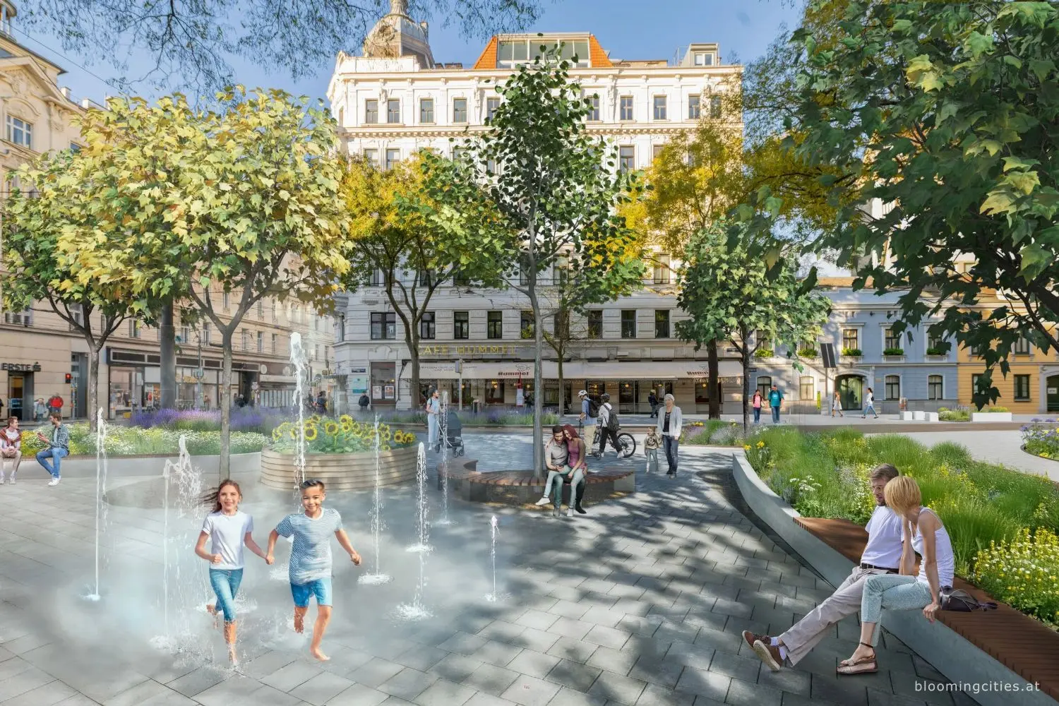 Hauerplatz in Wien-Josefstadt mit Bäumen, Beeten, Sitzbänken und Wasserspiel vor dem Café Hummel