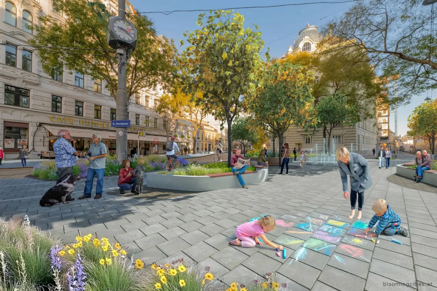 Hauerplatz in Wien-Josefstadt mit Bäumen, Beeten, Sitzbänken und Wasserspiel vor dem Café Hummel