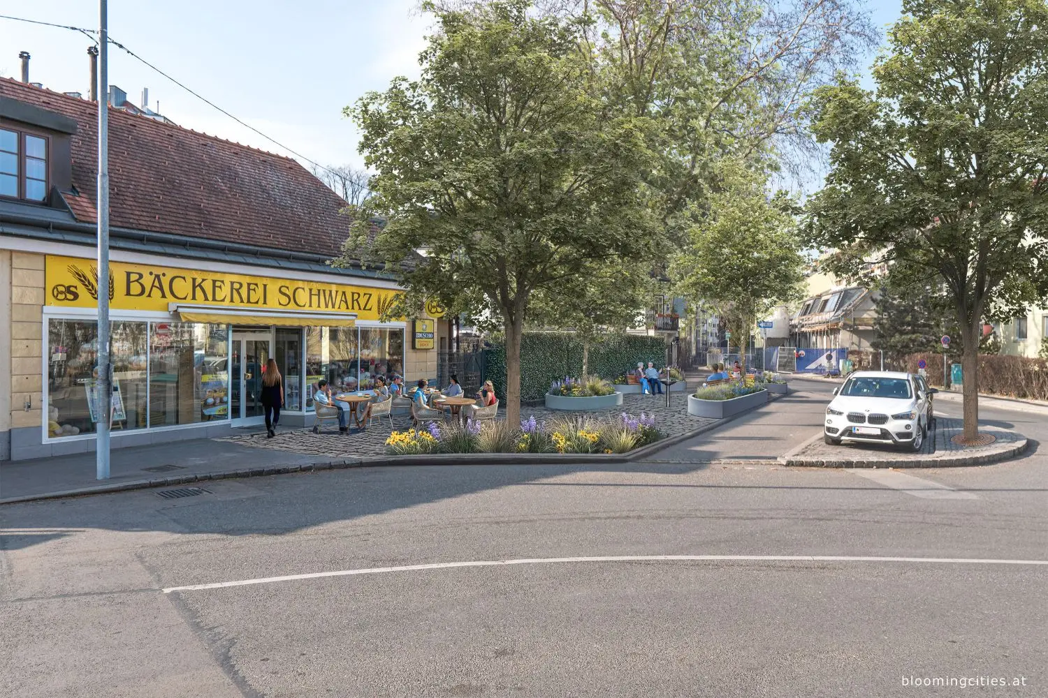 Plätze und Straßen in Hietzing mit Bäumen, Beeten, Sitzplätzen und Fußgänger:innen