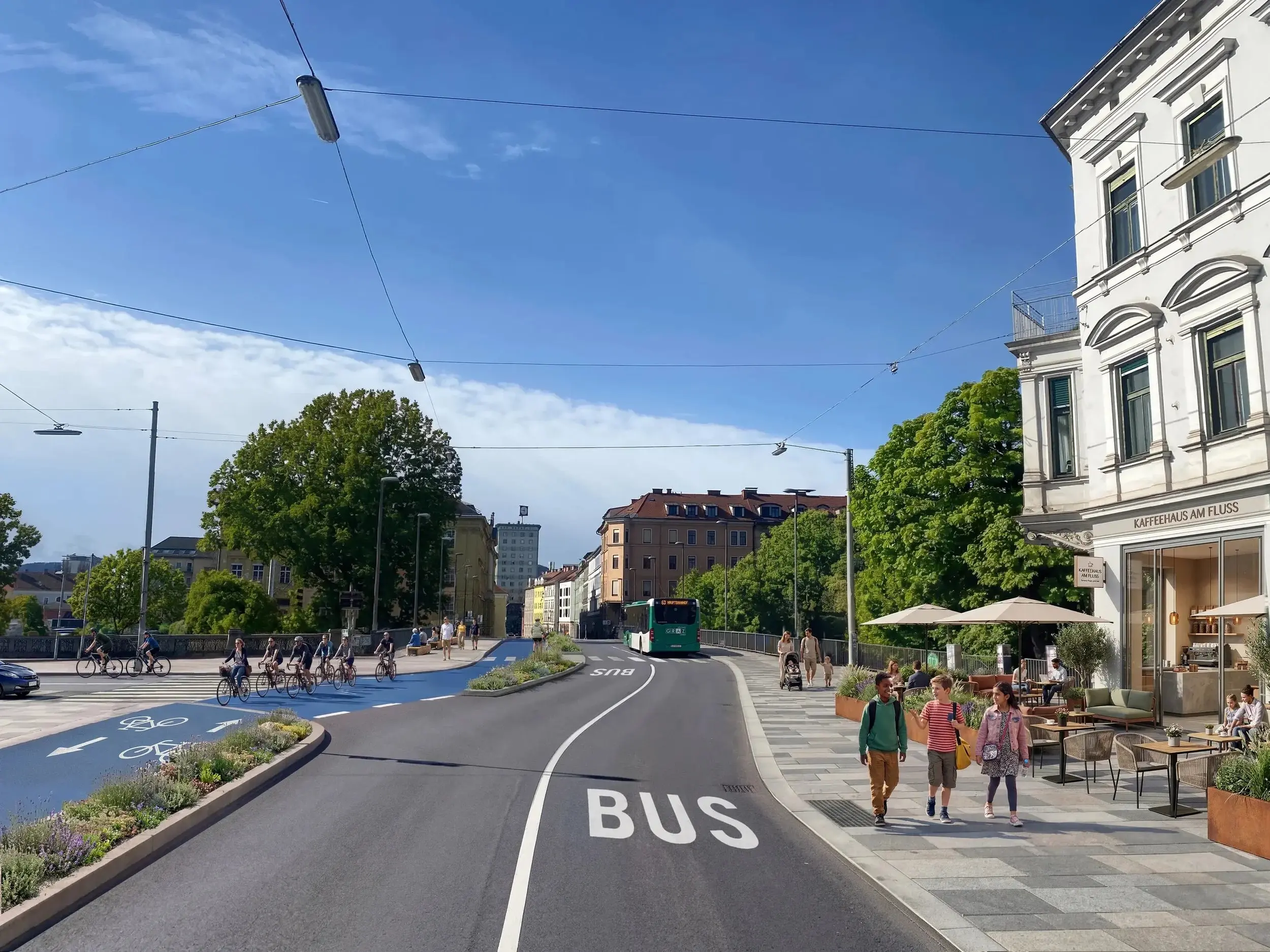 Keplerbrücke in Graz mit Busspur, Radweg und Schanigarten