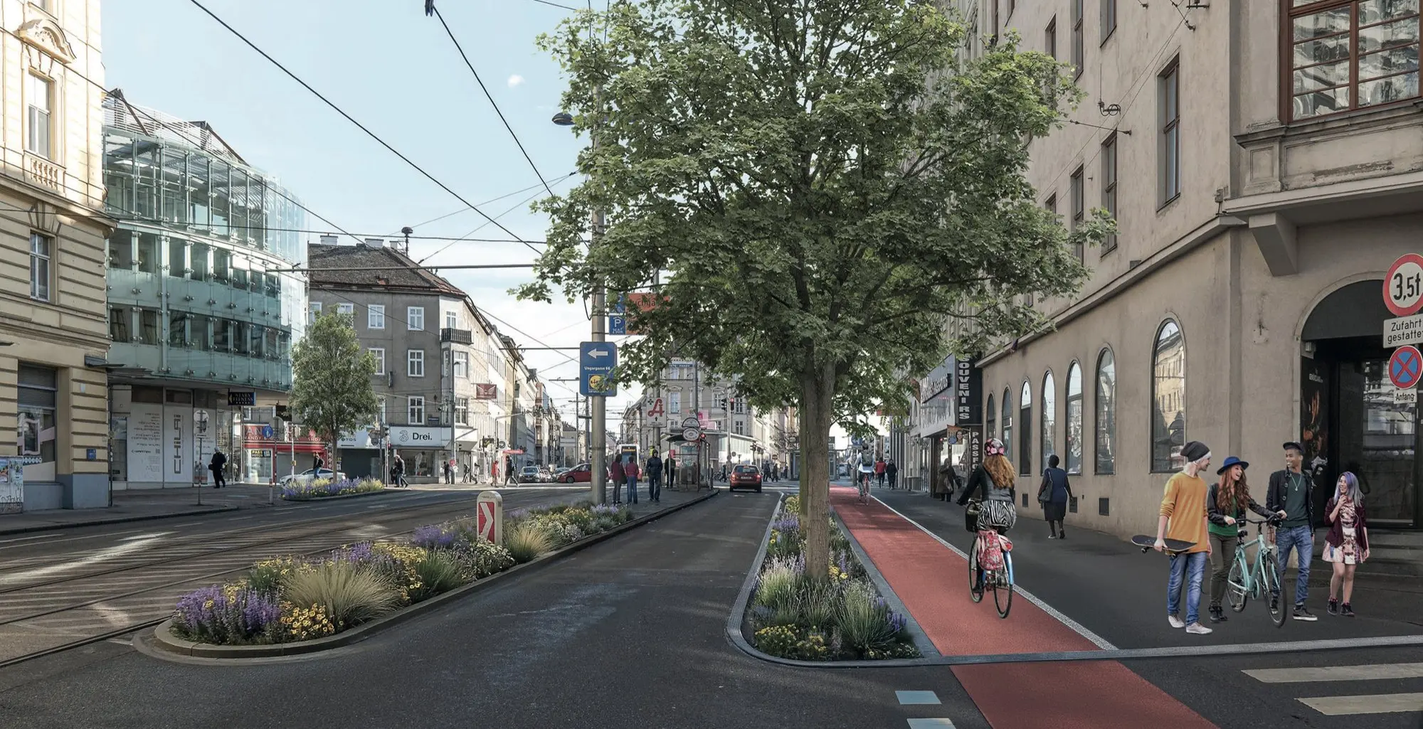 Der Rennweg in Wien mit rotem Radweg, Bäumen und Beeten