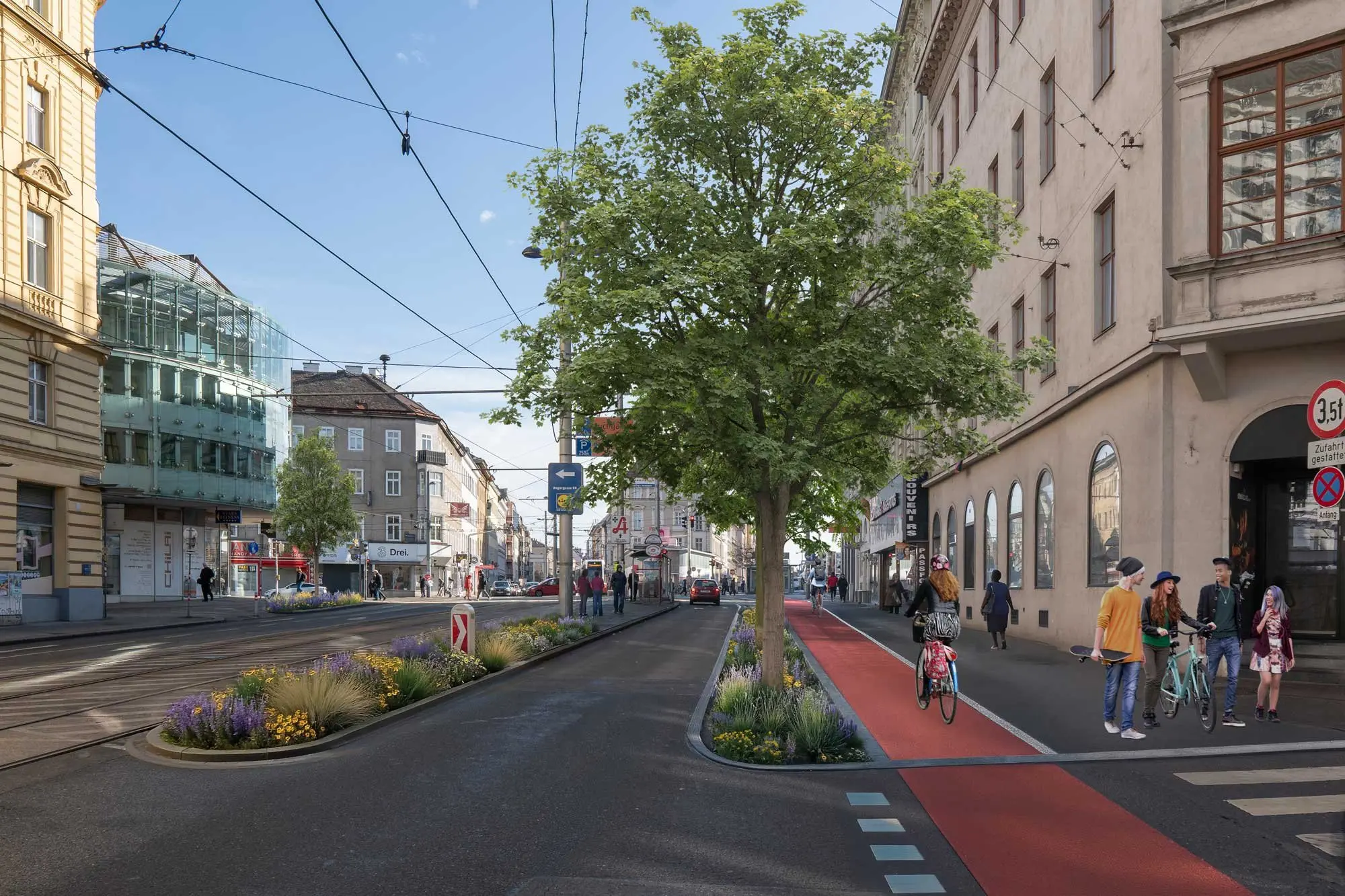 Straßen in Wien-Landstraße mit Bäumen, Radwegen, Sitzplätzen und Fußgänger:innen